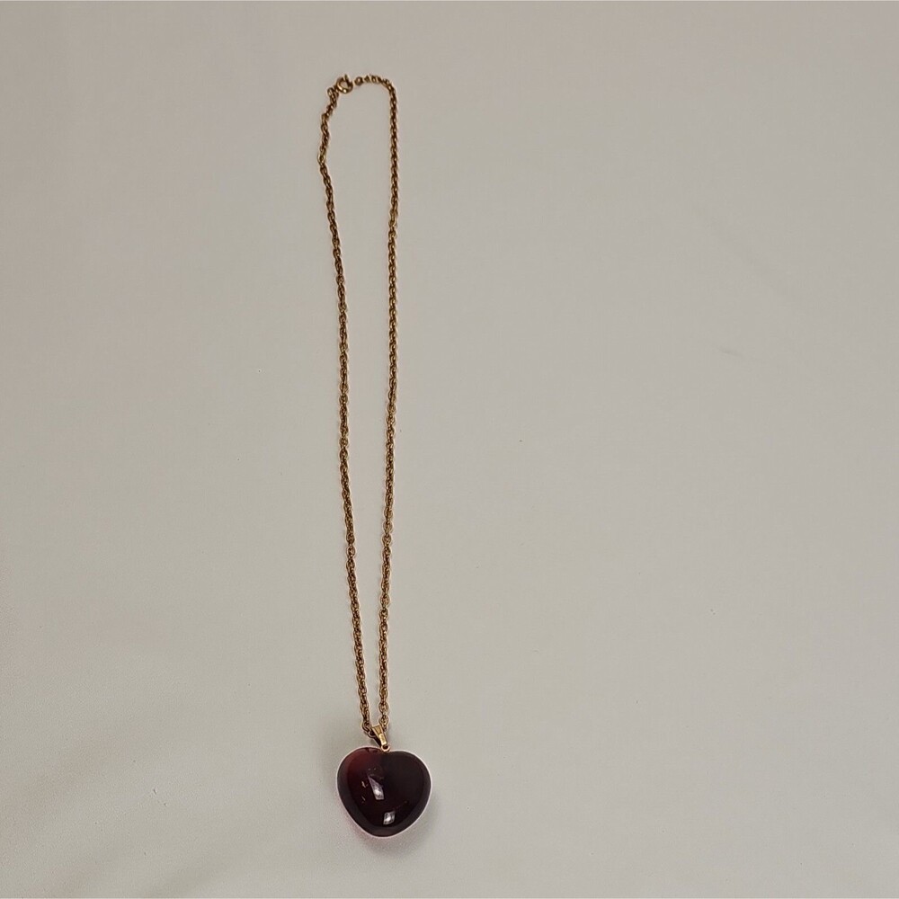 Vintage 1980s–1990s Amber Red Art Glass Heart Pendant Necklace Gold Tone 24"